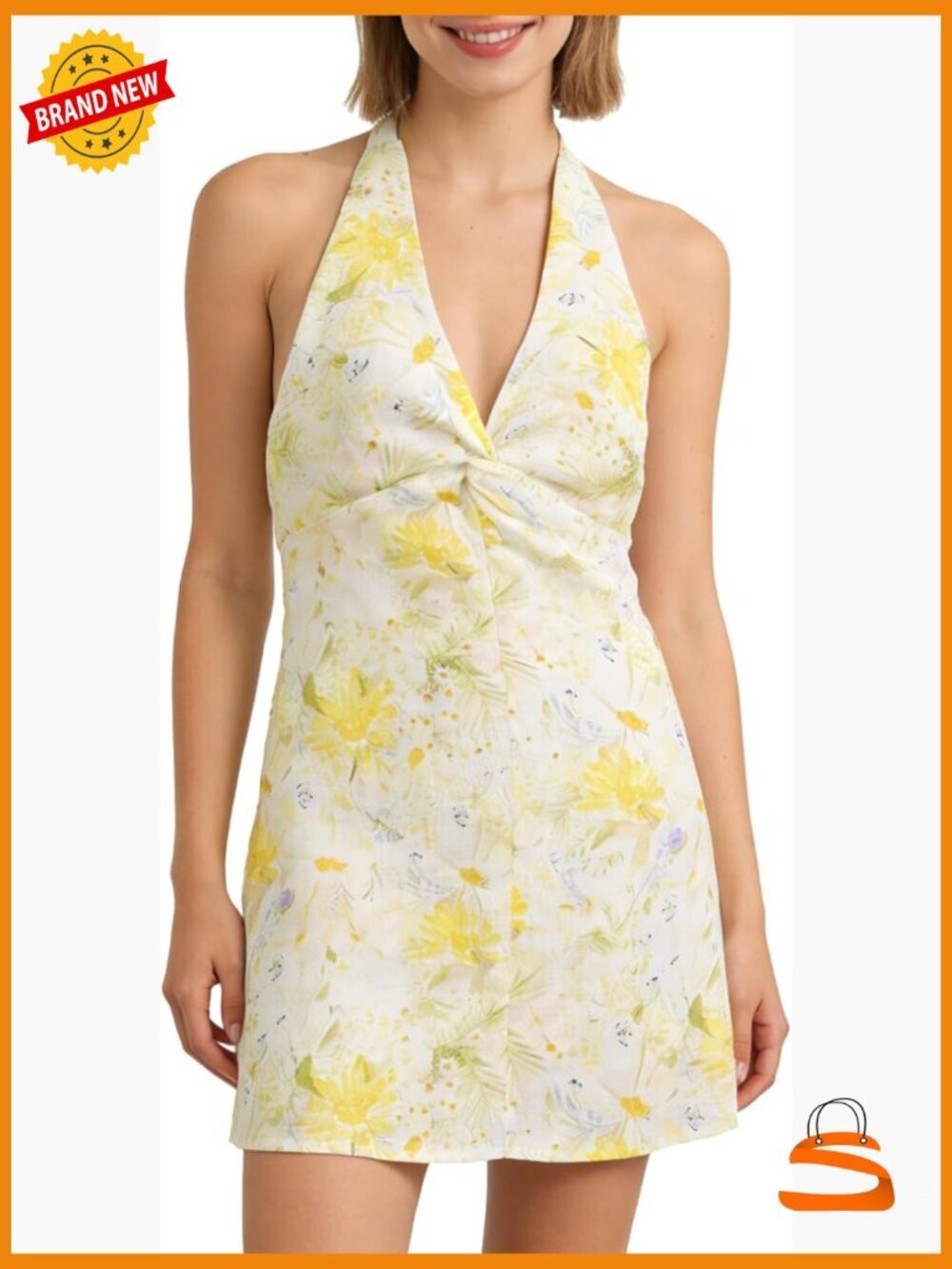 100% Linen Halter Mini Dress Backless V Neck Summer
